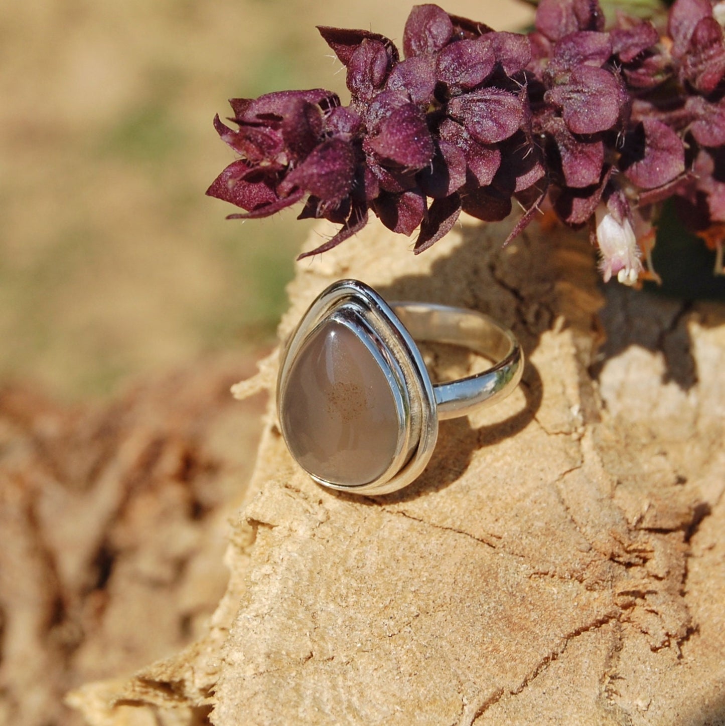 Grey Chalcedony Pear Ring