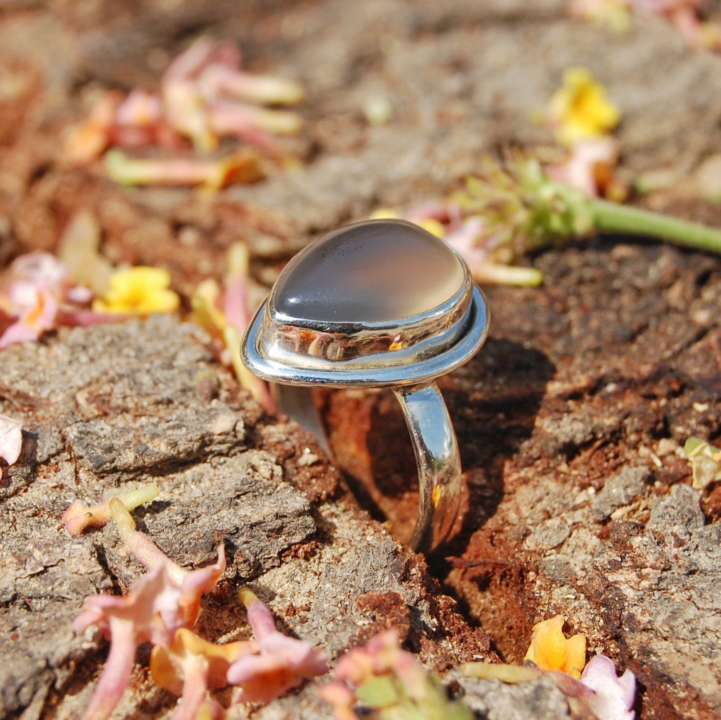 Grey Chalcedony Pear Ring