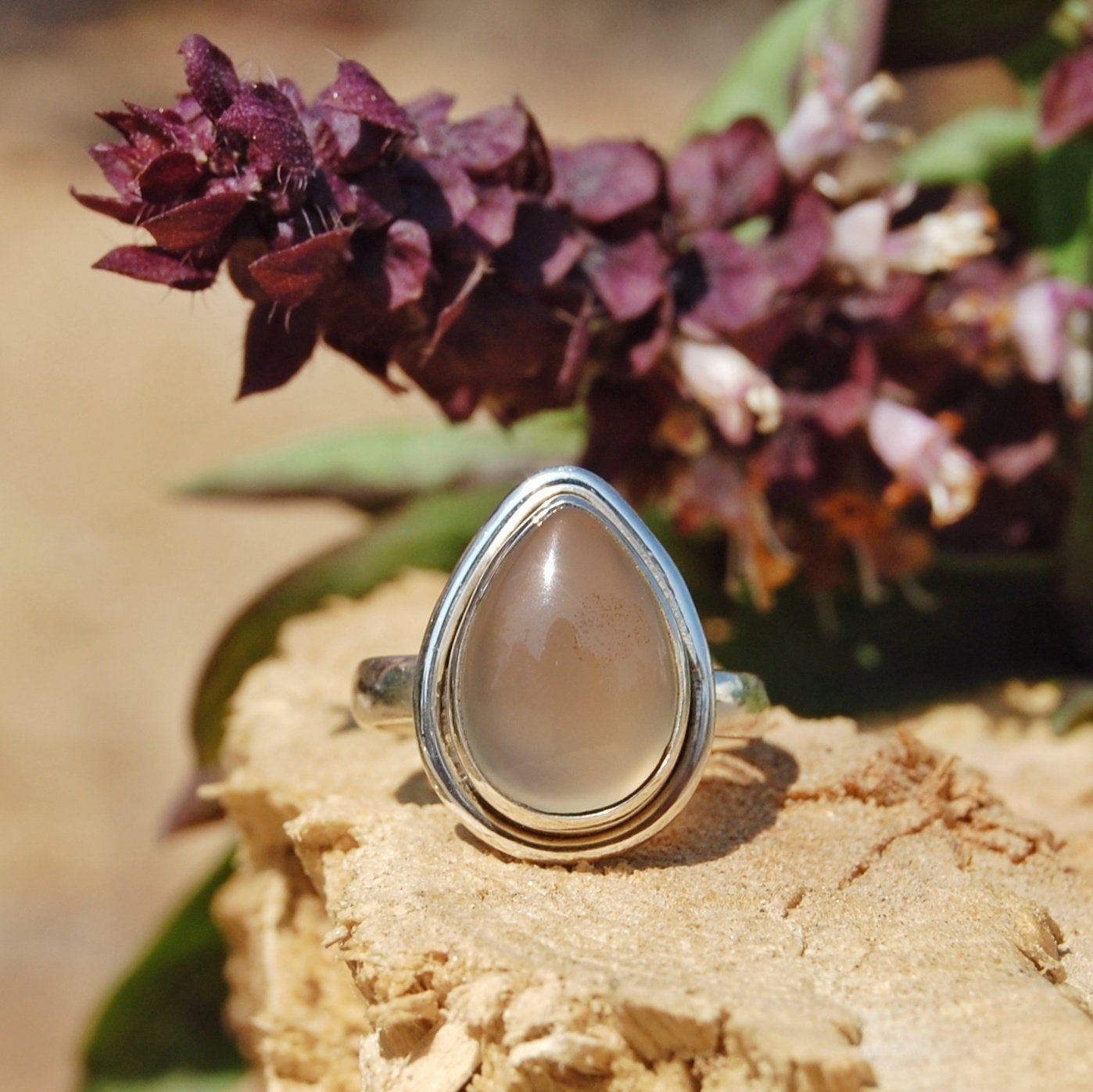 Grey Chalcedony Pear Ring