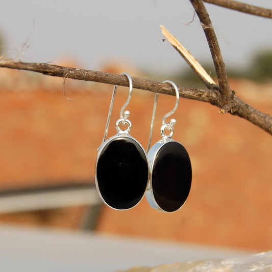 Black Onyx Oval Flat Earrings