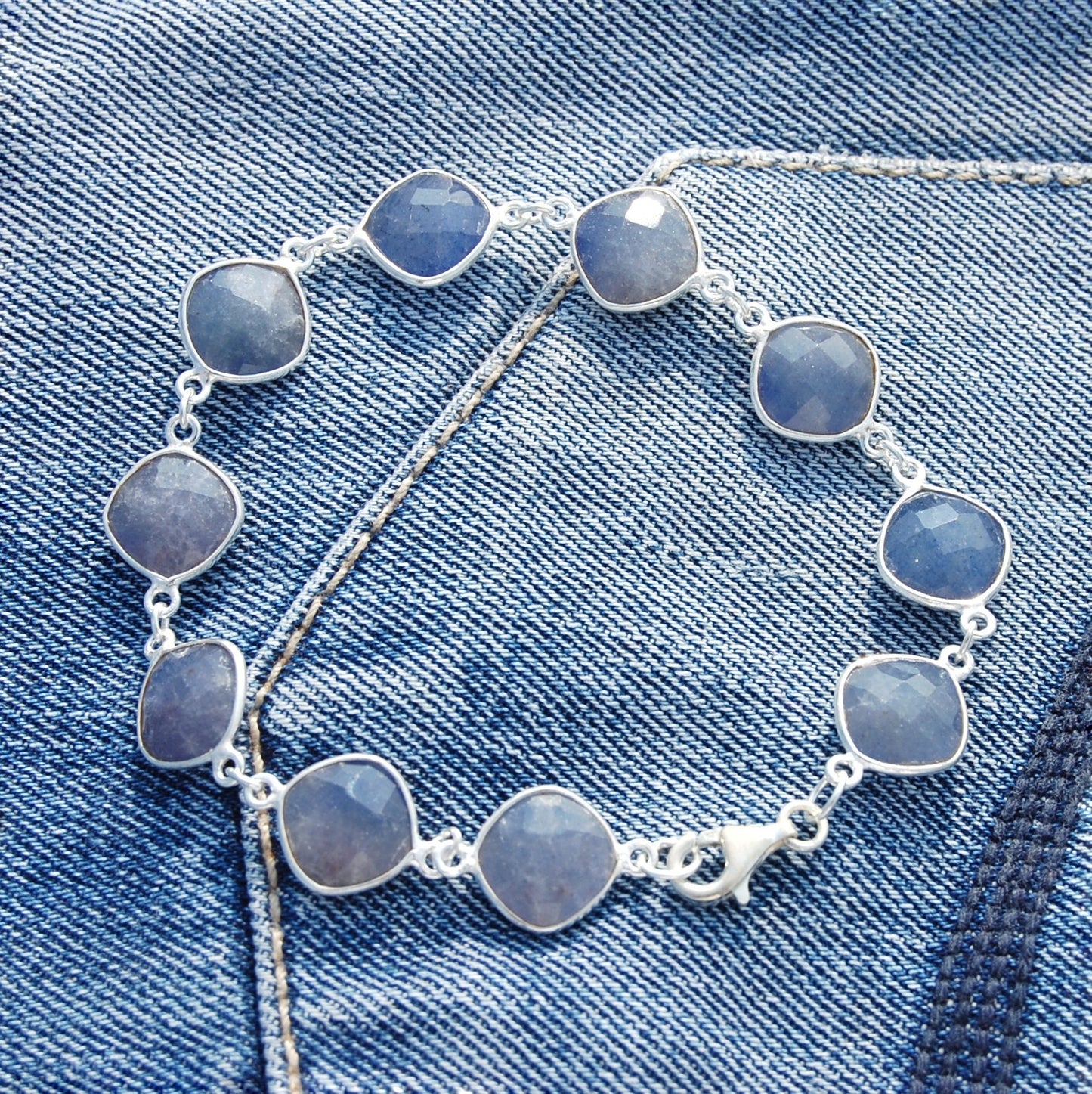 Dyed Blue Sapphire Checker Cut Square Bracelet