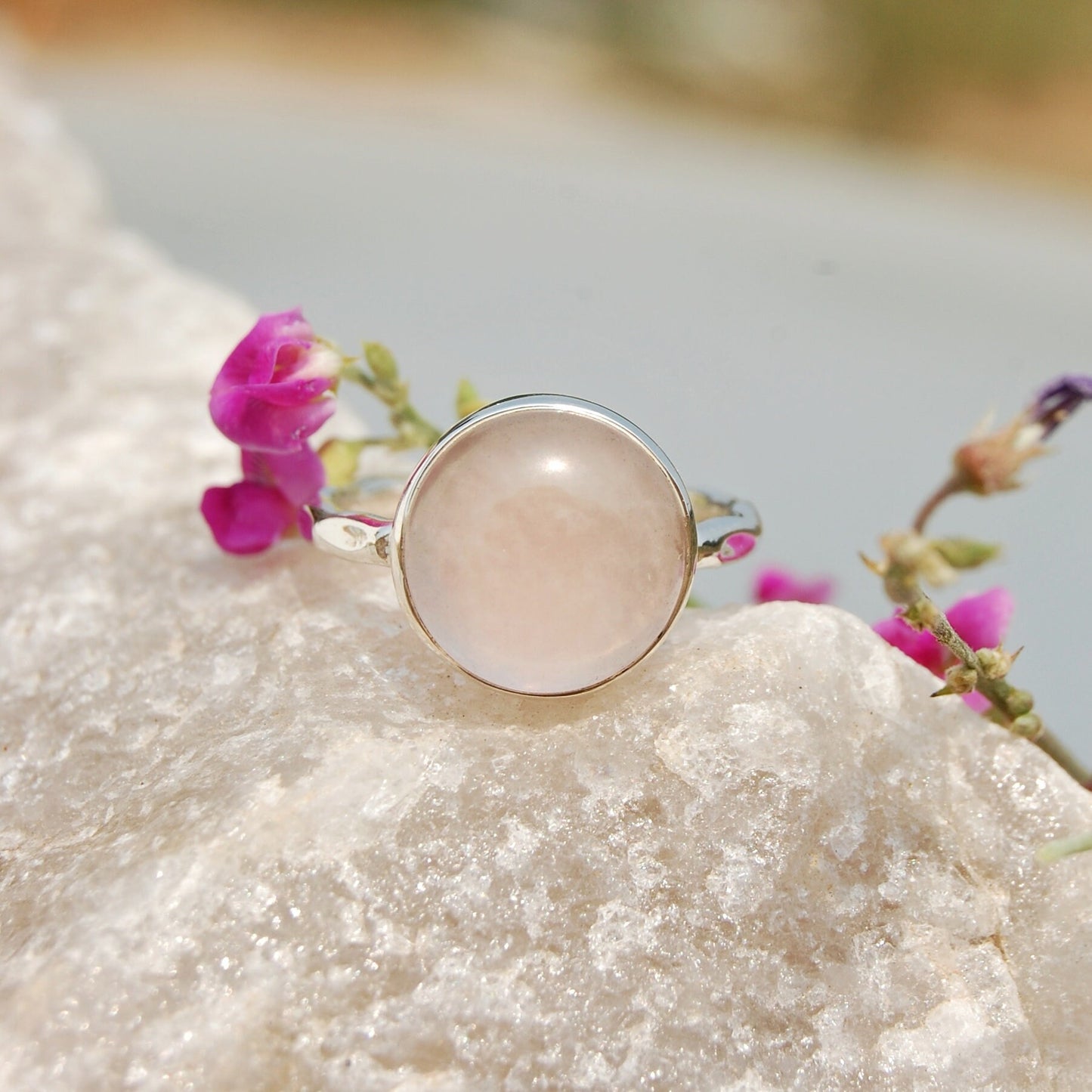 Rose Quartz Round Hammered Band Ring