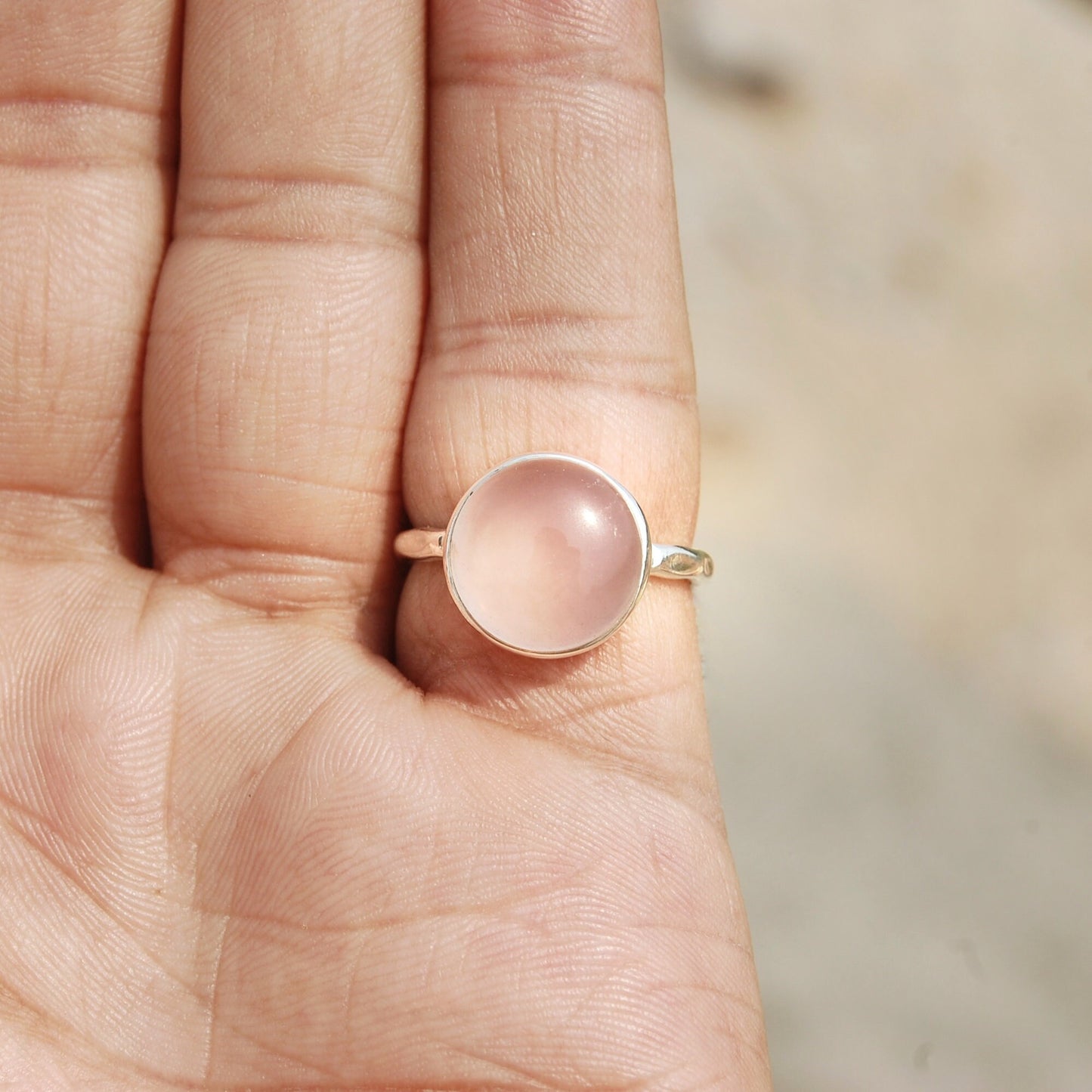Rose Quartz Round Hammered Band Ring