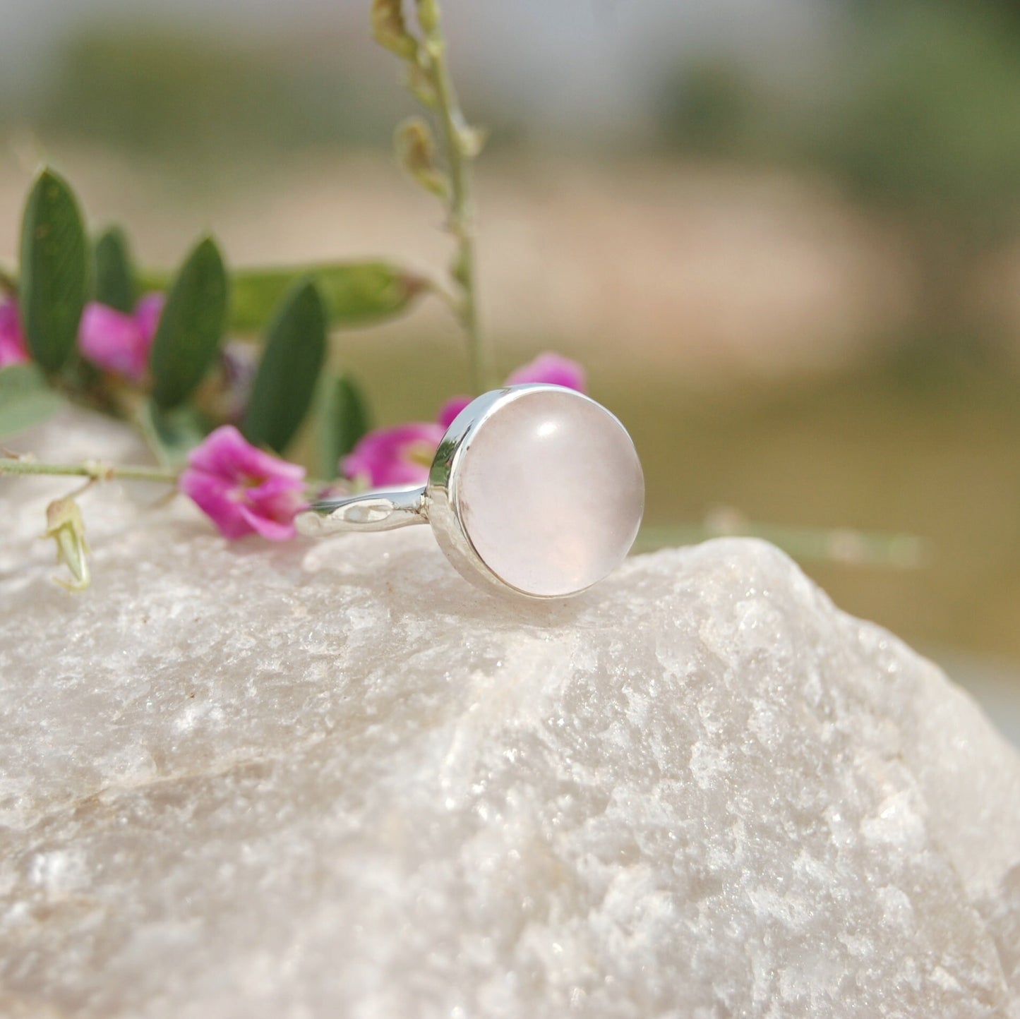 Rose Quartz Round Hammered Band Ring
