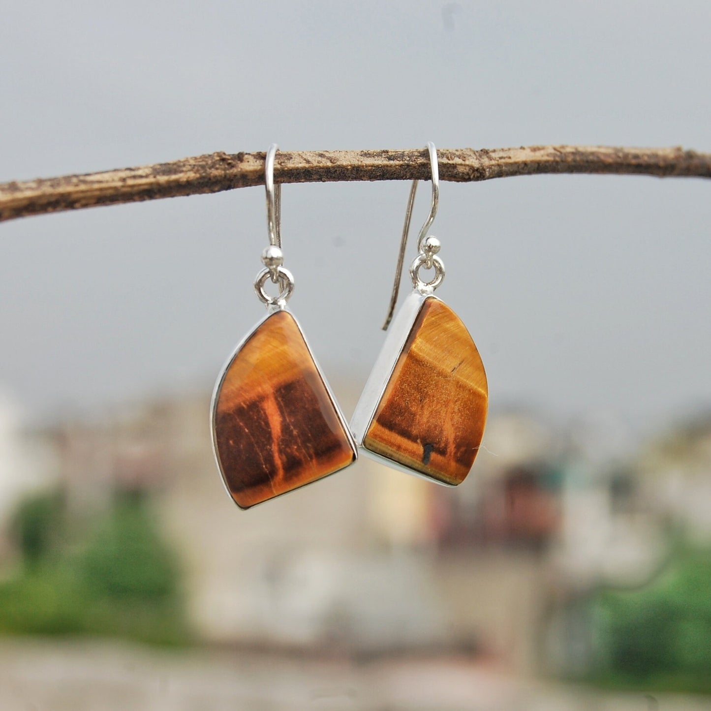 Tiger Eye Quarter Round Drop Earrings