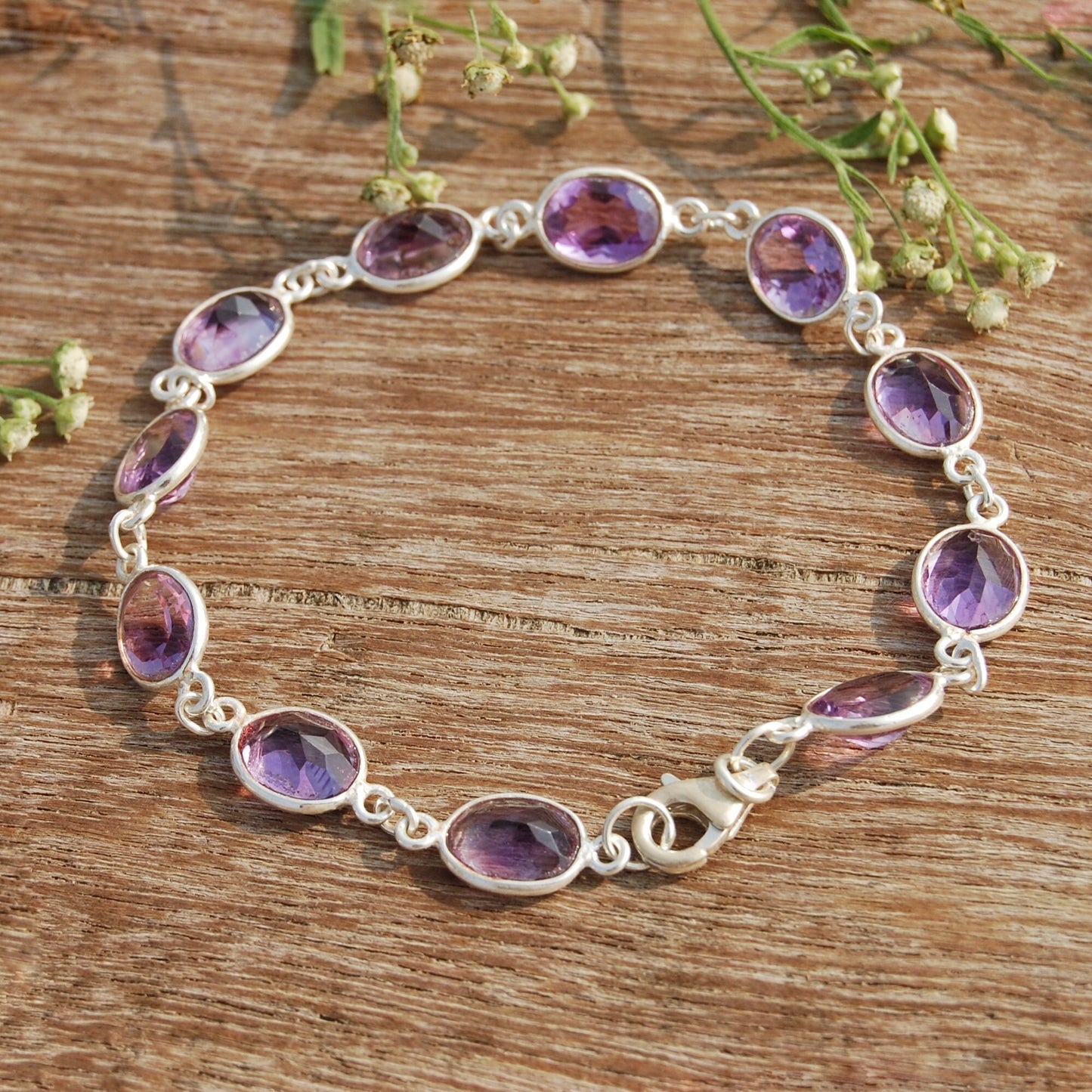 Purple Amethyst Oval Cut Beaded Bracelet