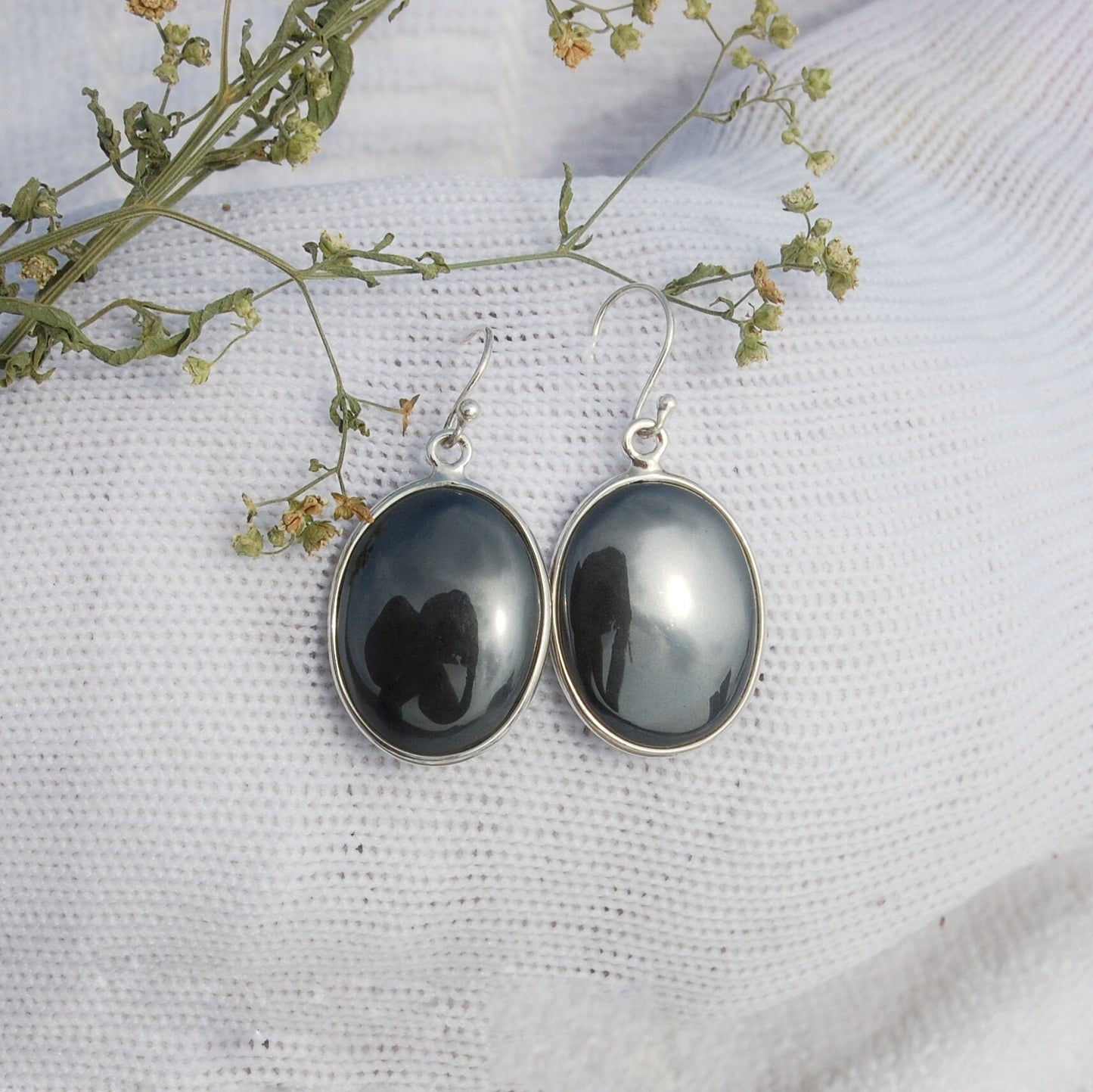 Hematite Oval Cab Earrings