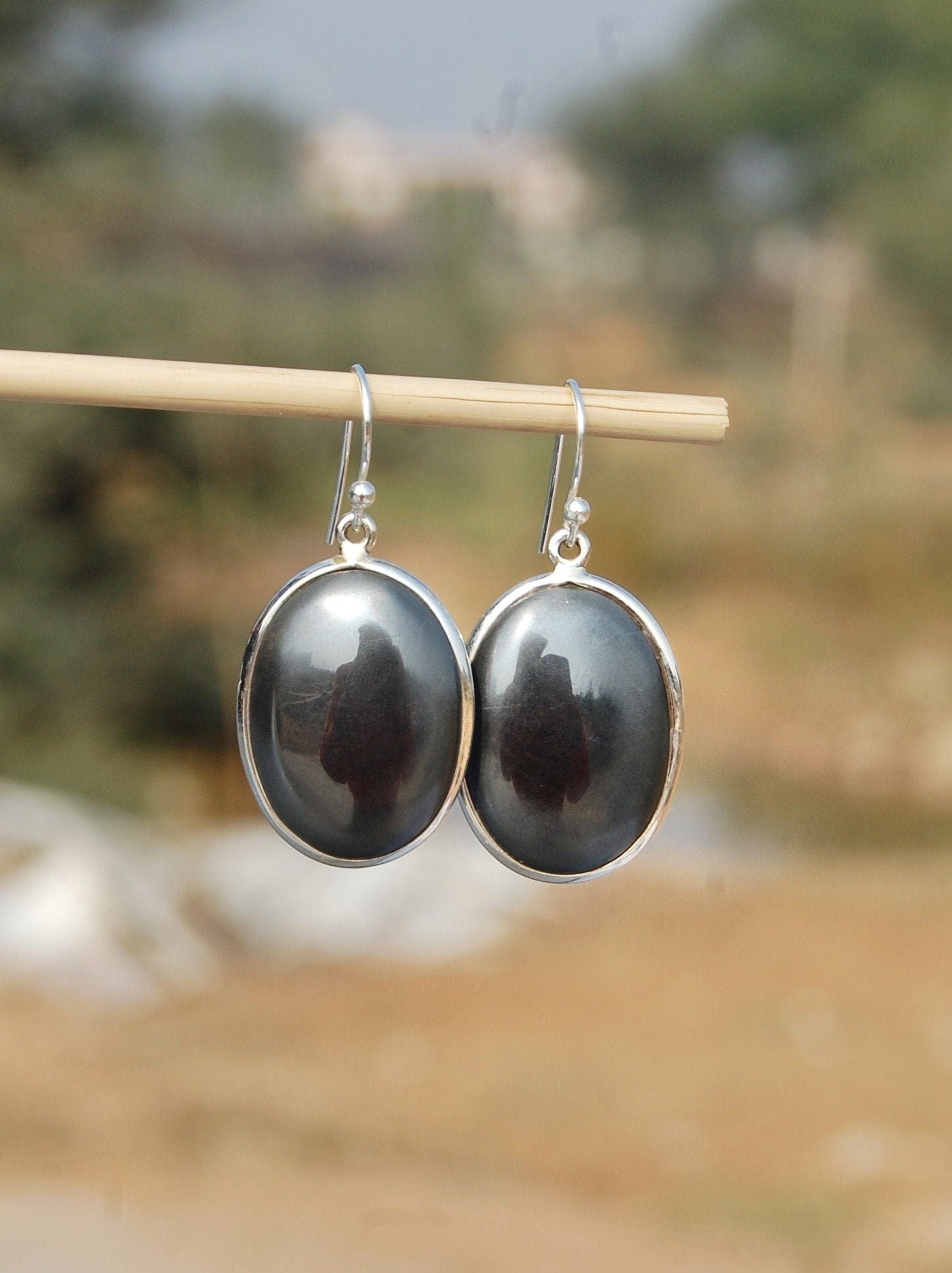 Hematite Oval Cab Earrings