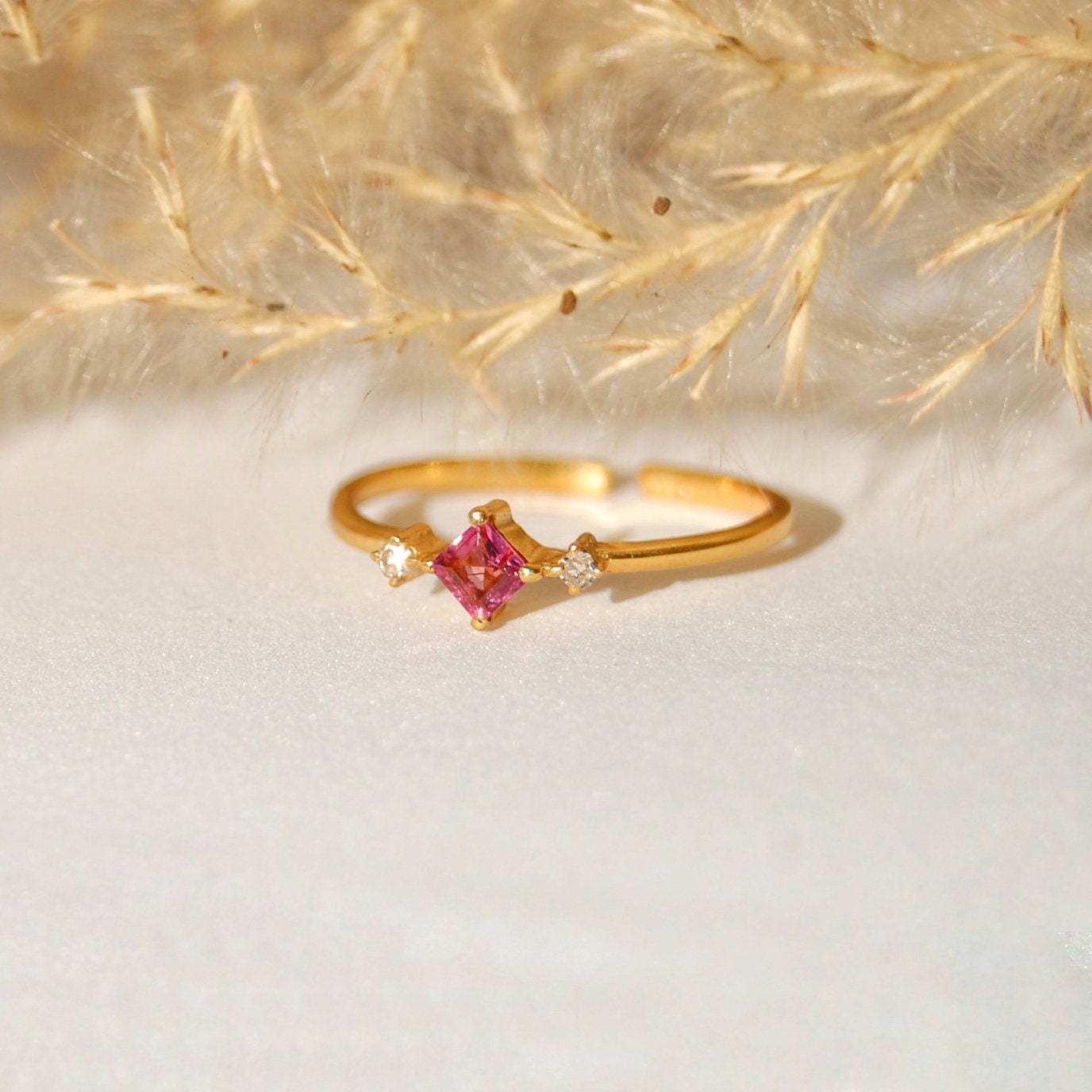 Diamond- Pink Tourmaline Gold Plated Ring