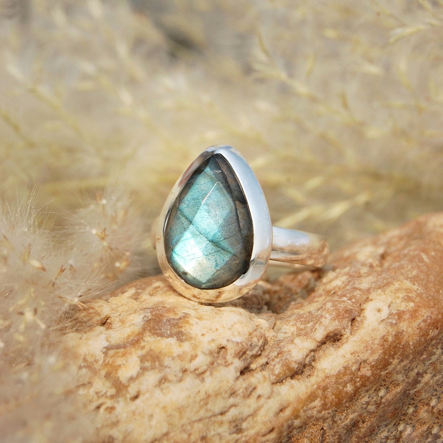 Gray Labradorite Pear Cut Ring