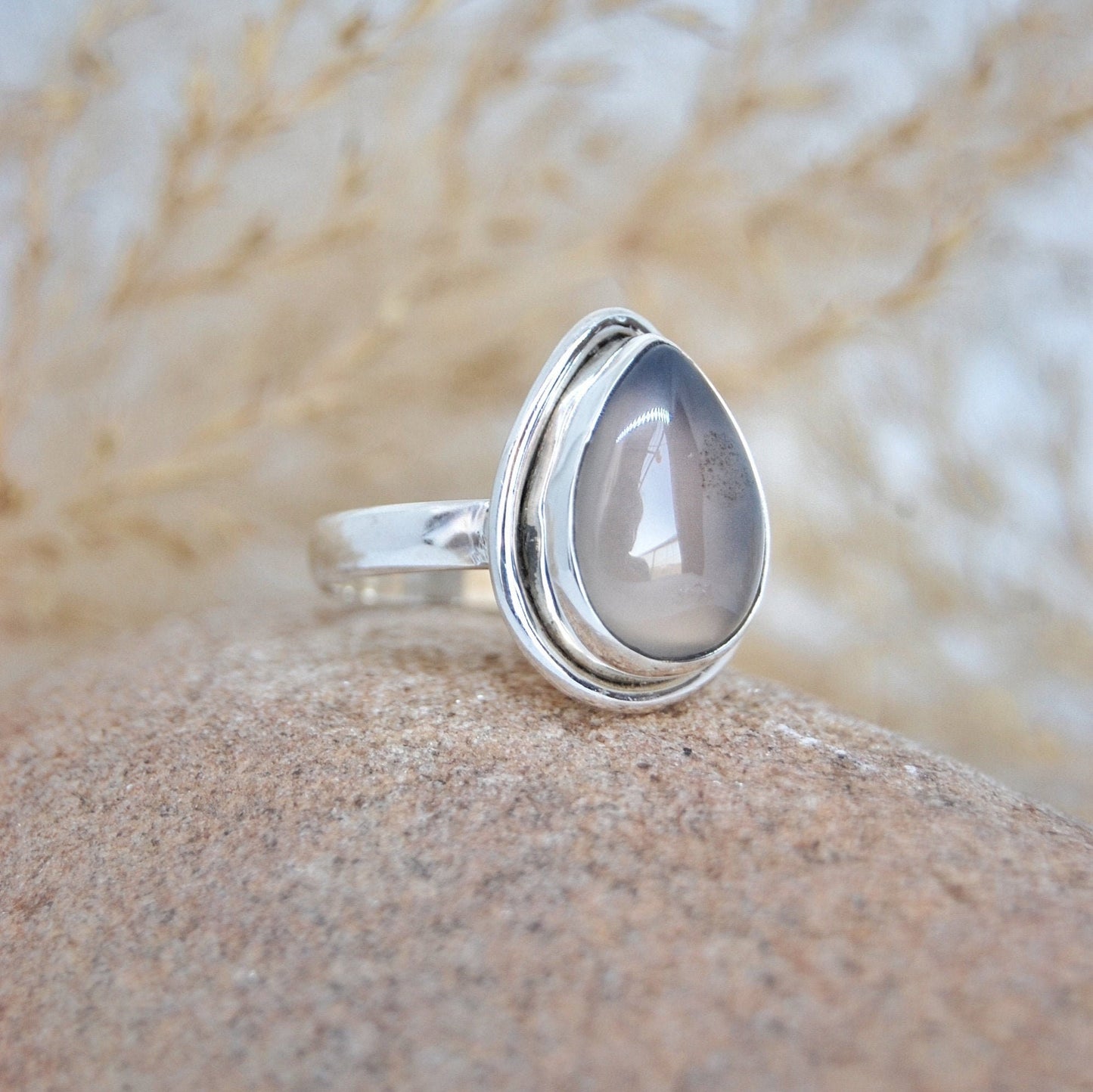 Grey Chalcedony Pear Ring