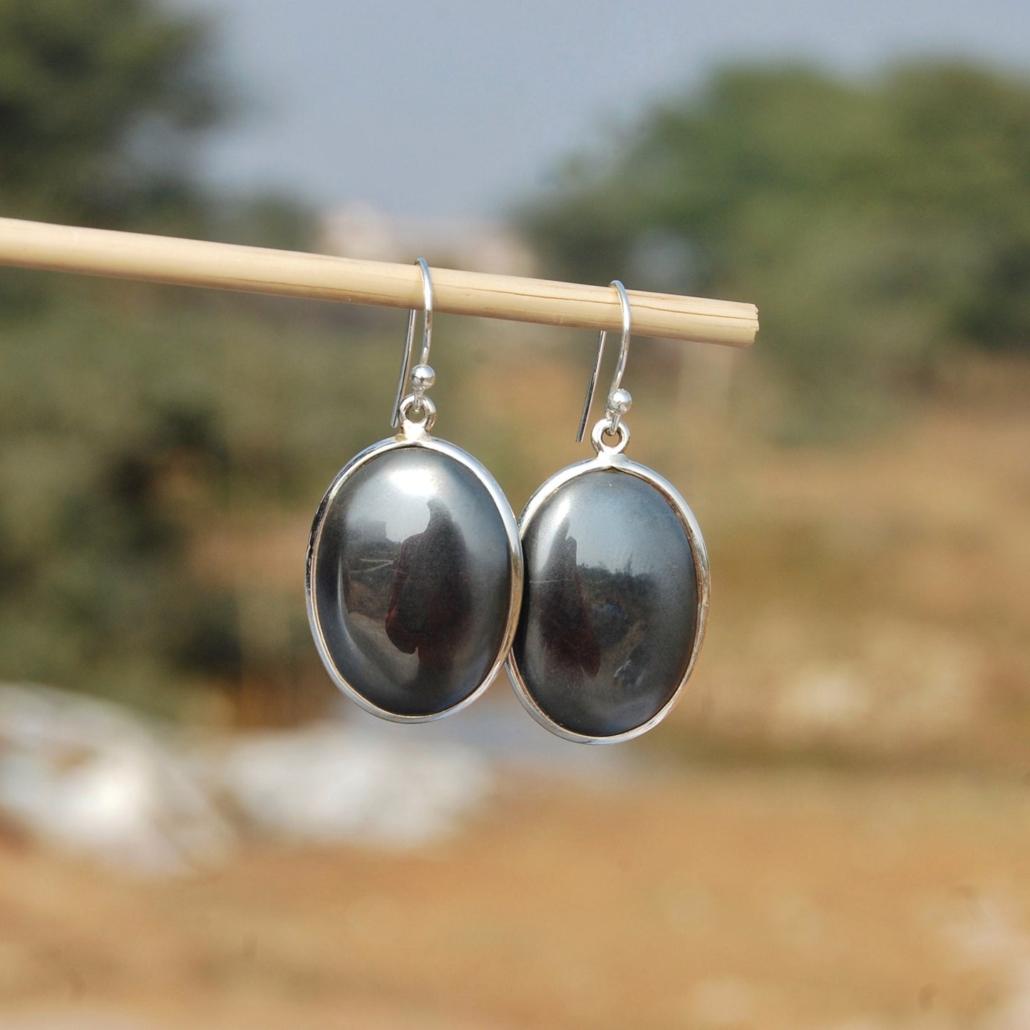 Hematite Oval Cab Earrings
