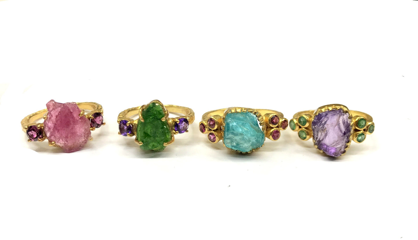 Blue Apatite- Tourmaline Gold Plated Ring