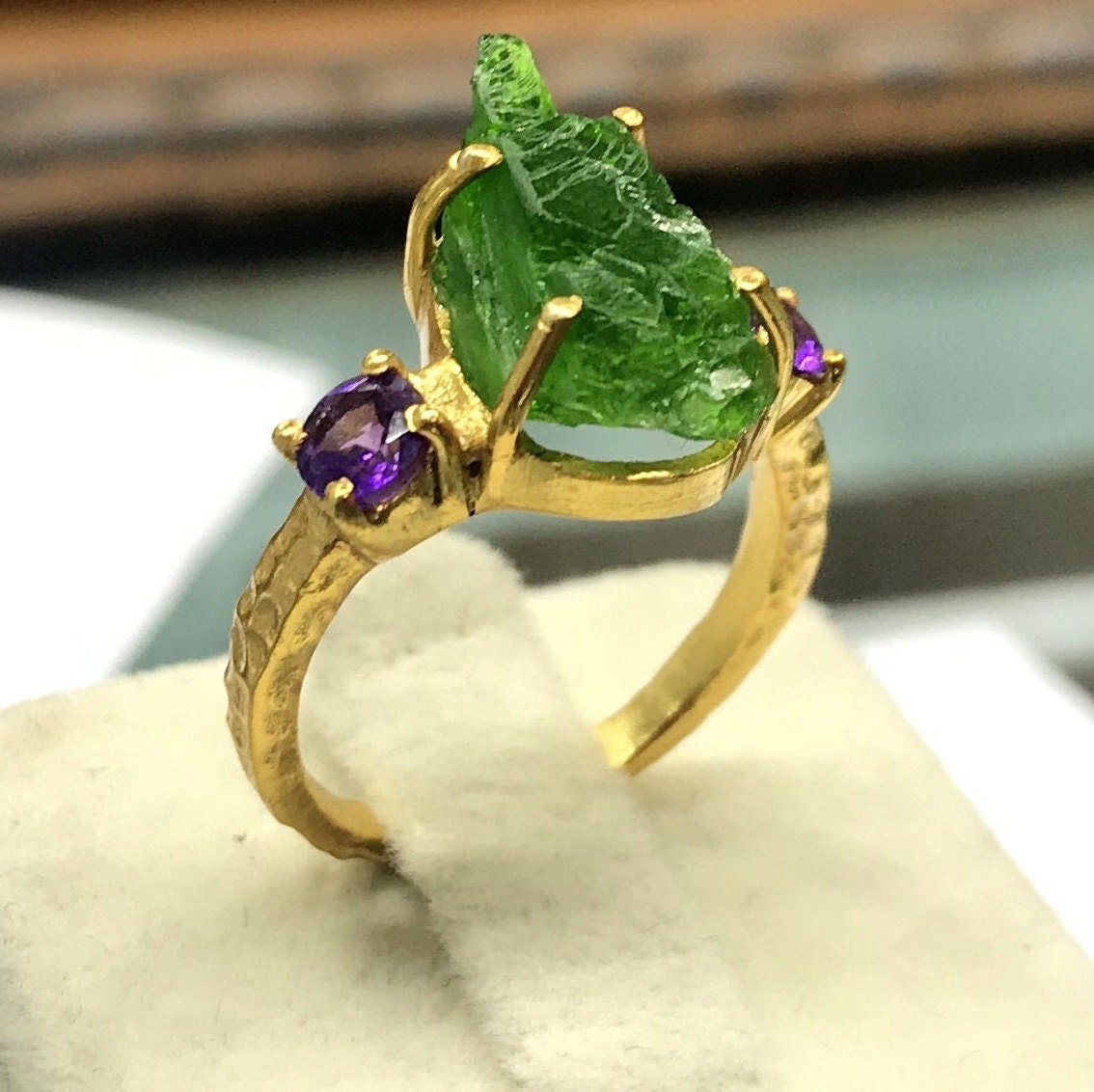Raw Emerald-Amethyst 18k Gold Plated Ring