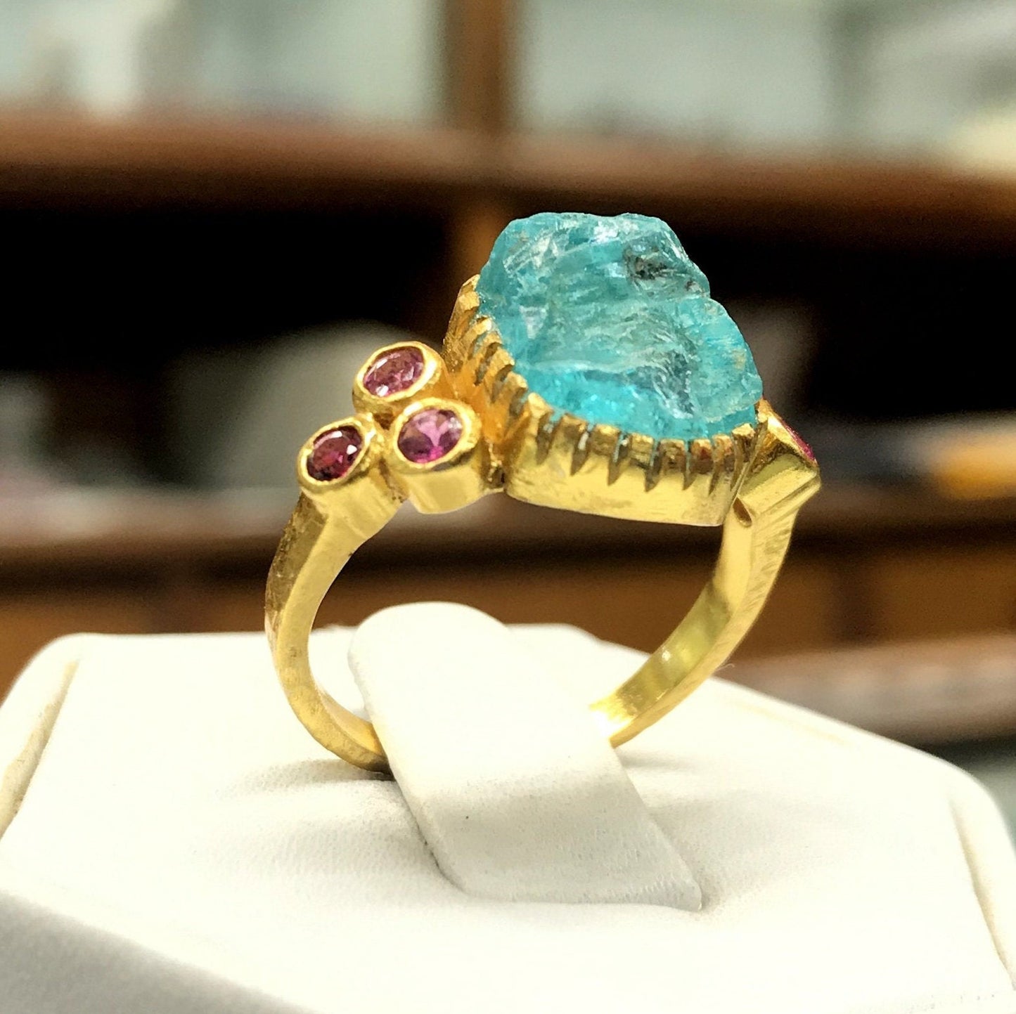 Blue Apatite- Tourmaline Gold Plated Ring