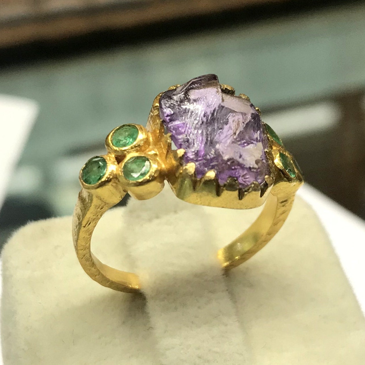 Raw Amethyst- Emerald Gold Plated Ring