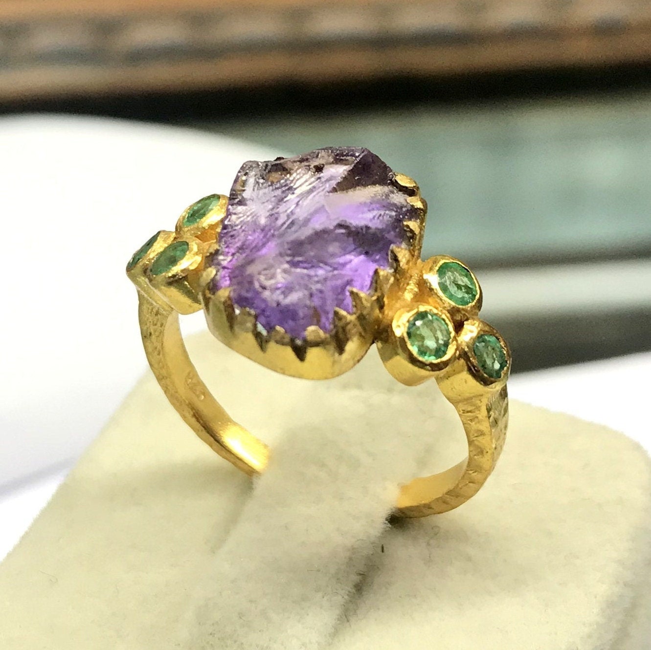 Raw Amethyst- Emerald Gold Plated Ring