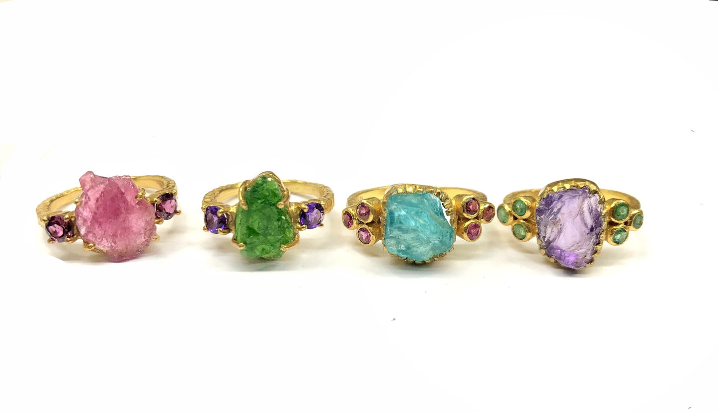 Raw Amethyst- Emerald Gold Plated Ring