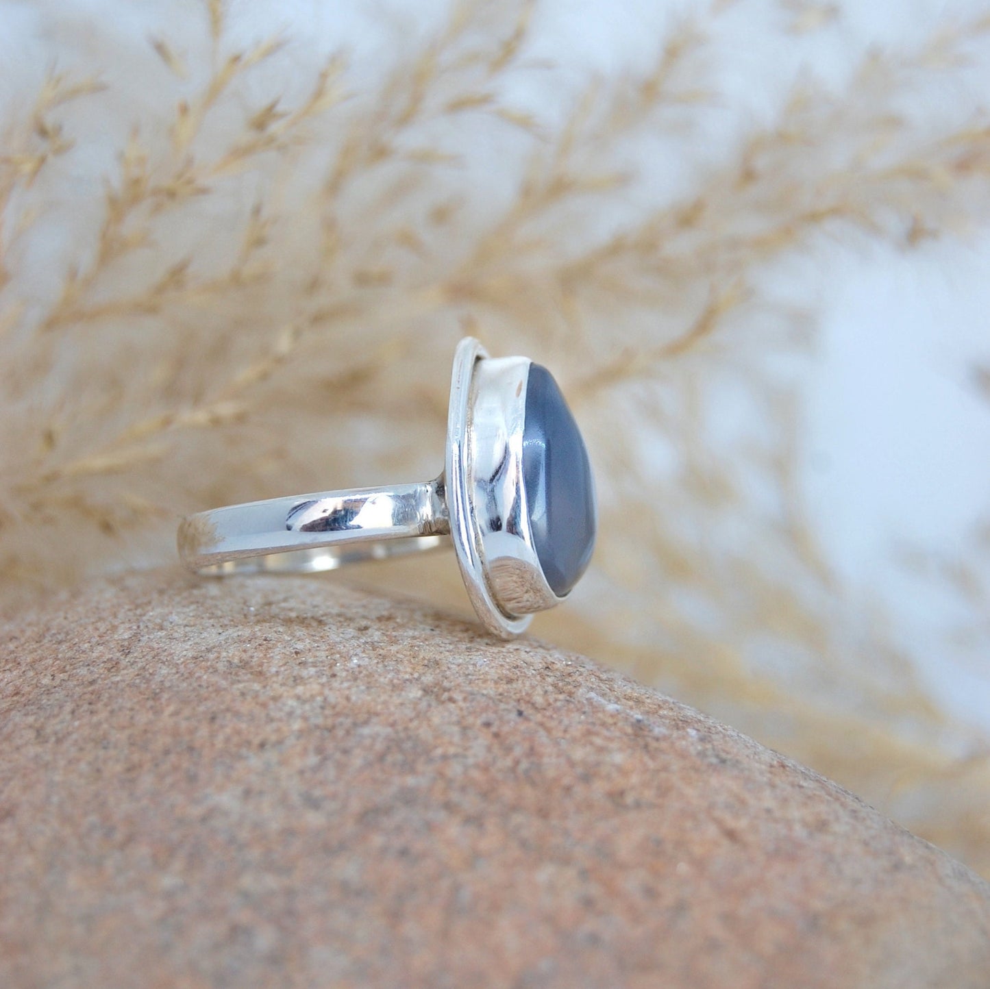 Grey Chalcedony Pear Ring