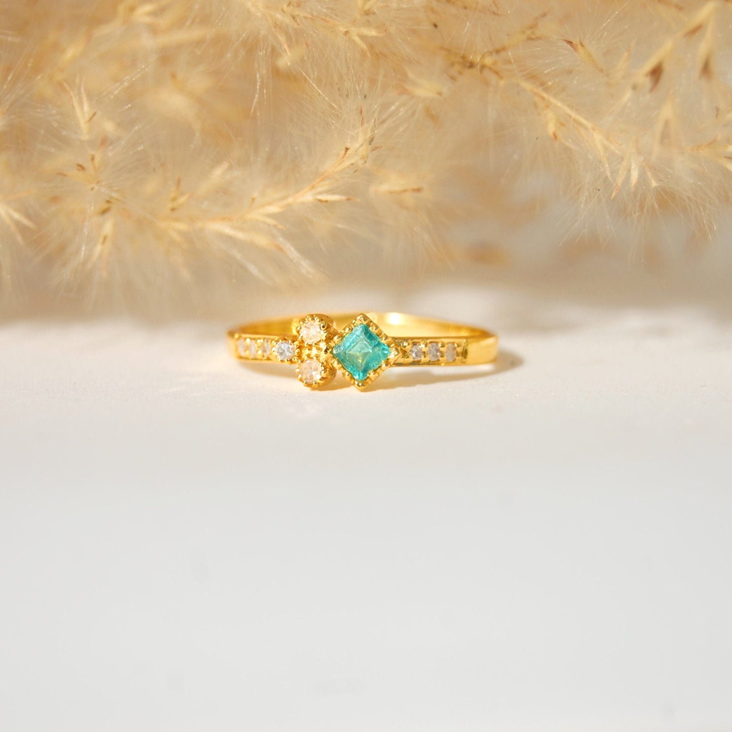 Diamond -Emerald 18k Gold Dainty Ring