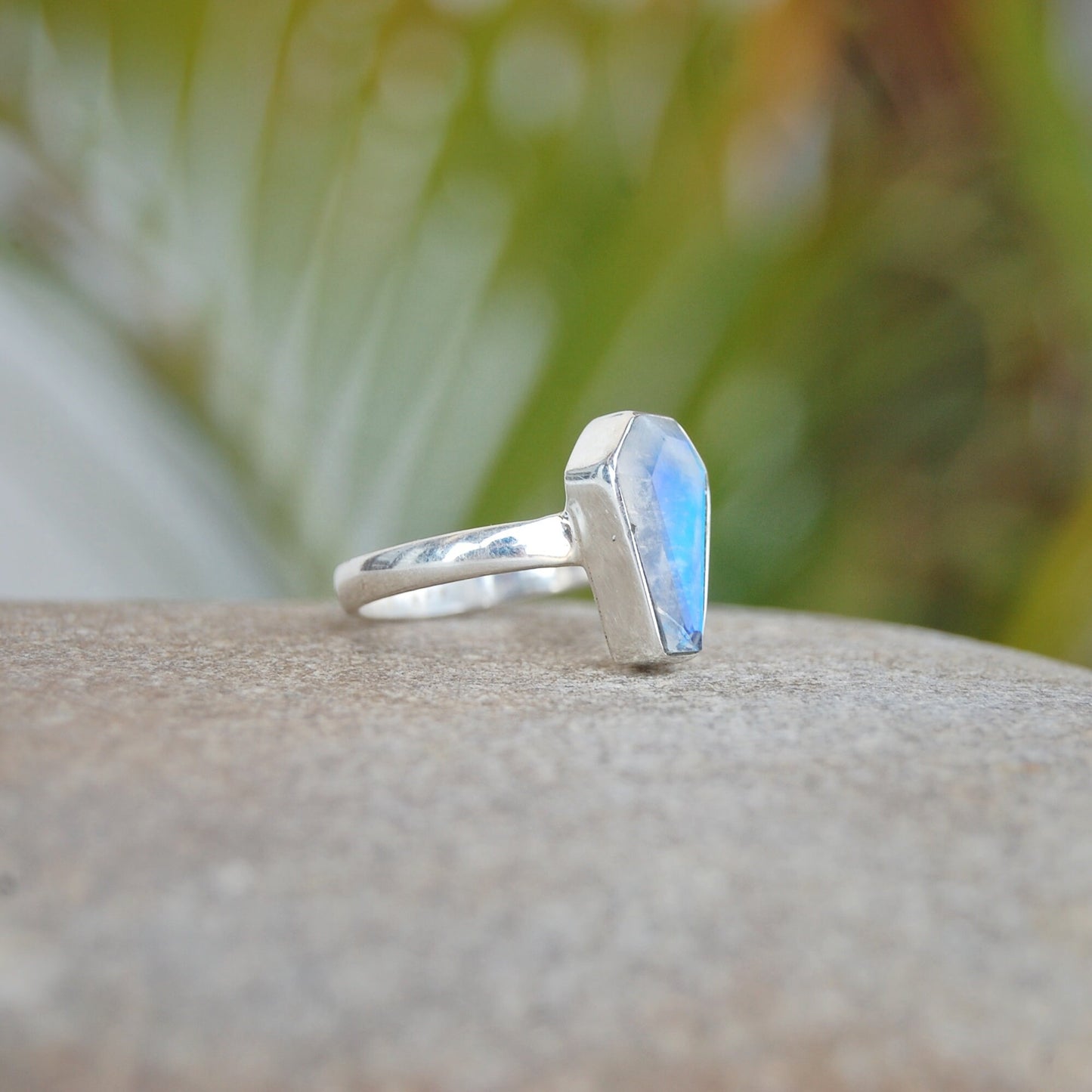 Rainbow Moonstone Coffin Shape Ring