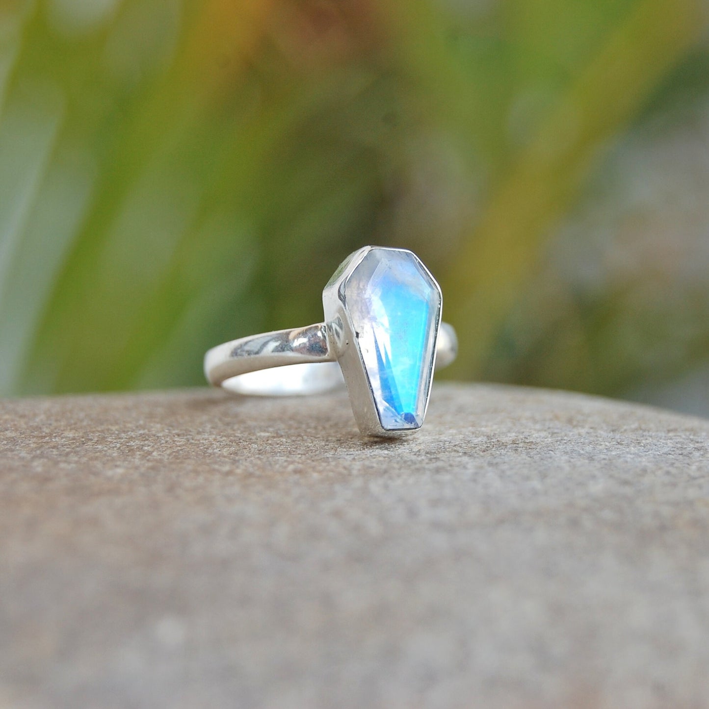 Rainbow Moonstone Coffin Shape Ring