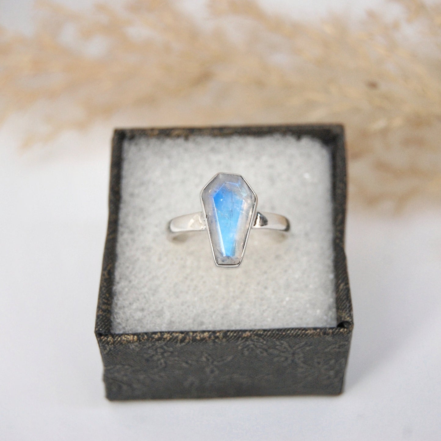 Rainbow Moonstone Coffin Shape Ring