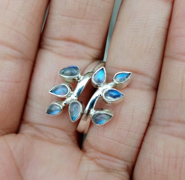 Rainbow Moonstone Leaf Branch Ring