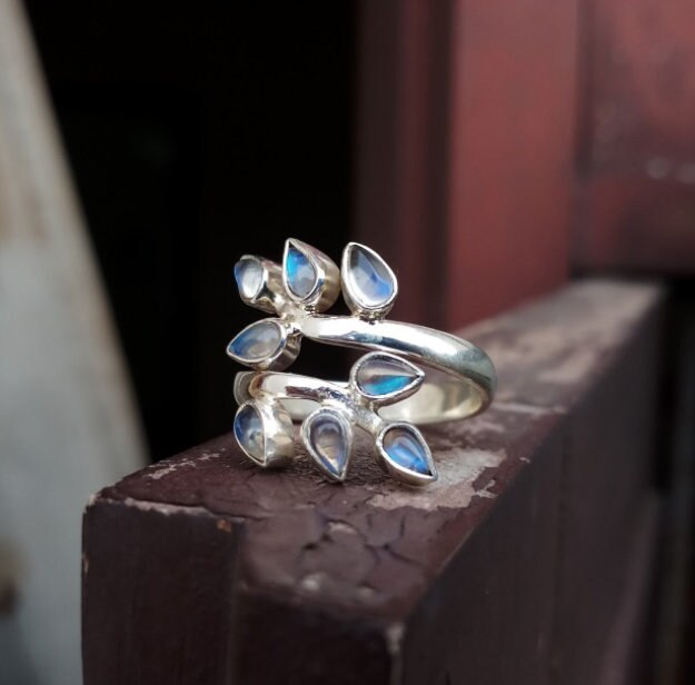 Rainbow Moonstone Leaf Branch Ring