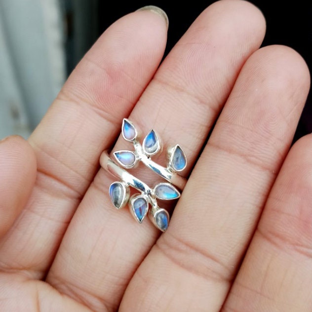 Rainbow Moonstone Leaf Branch Ring