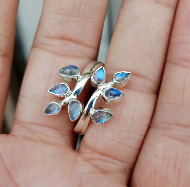 Rainbow Moonstone Leaf Branch Ring