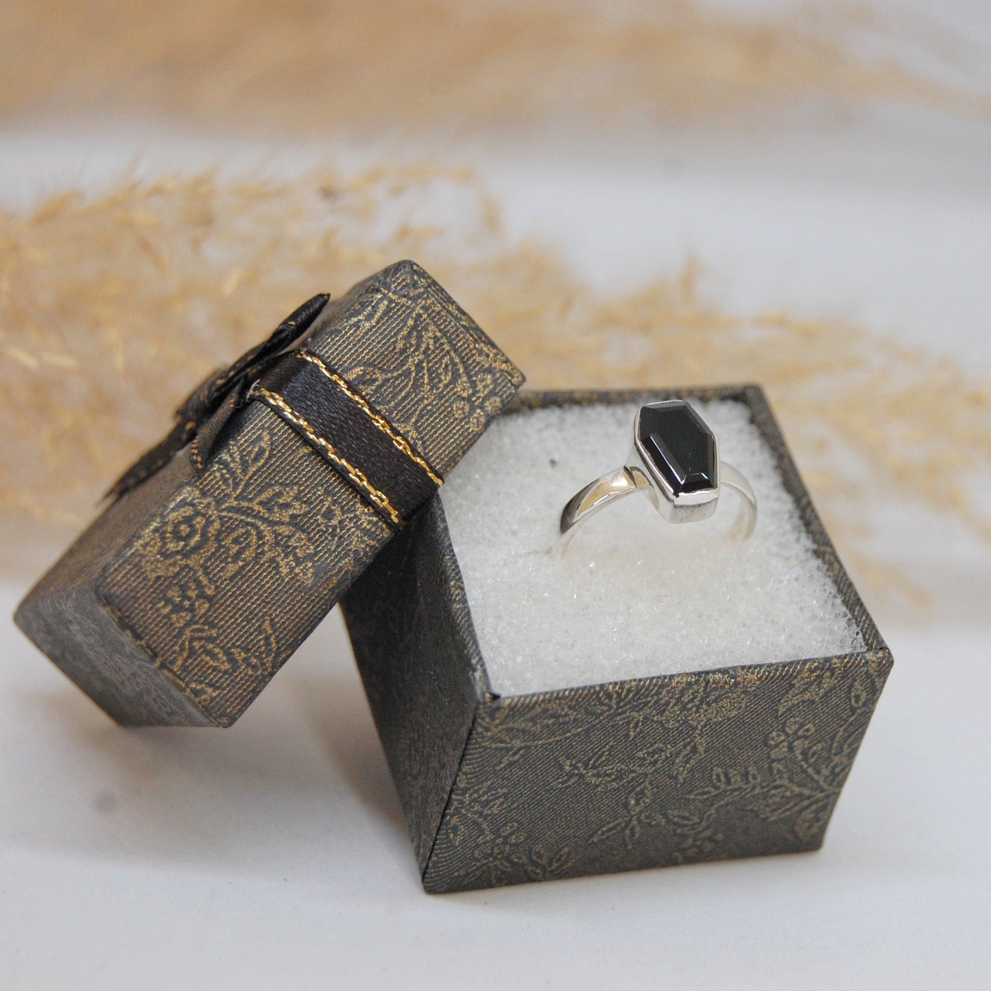 Natural Black Onyx Coffin Ring,