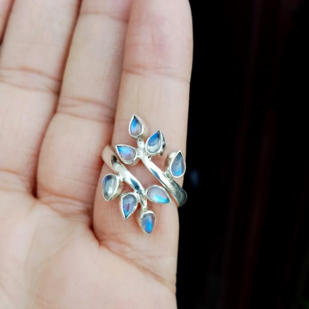Rainbow Moonstone Leaf Branch Ring