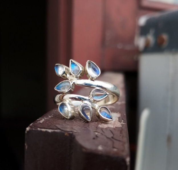 Rainbow Moonstone Leaf Branch Ring