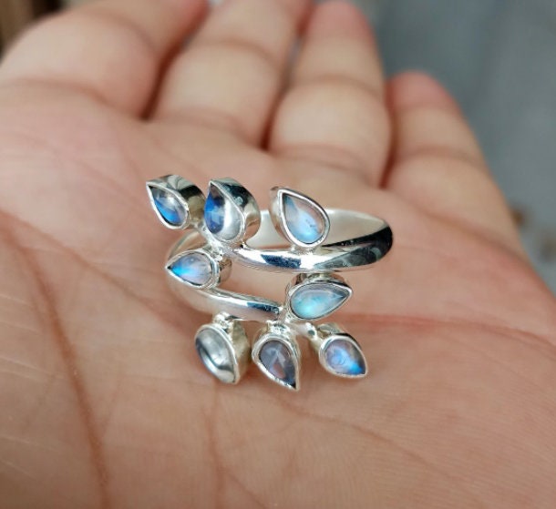 Rainbow Moonstone Leaf Branch Ring