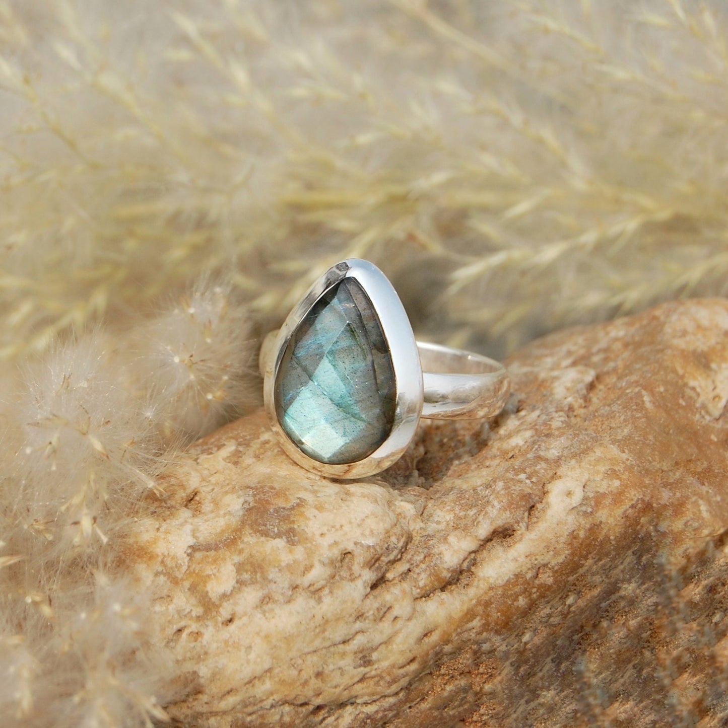 Gray Labradorite Pear Cut Ring