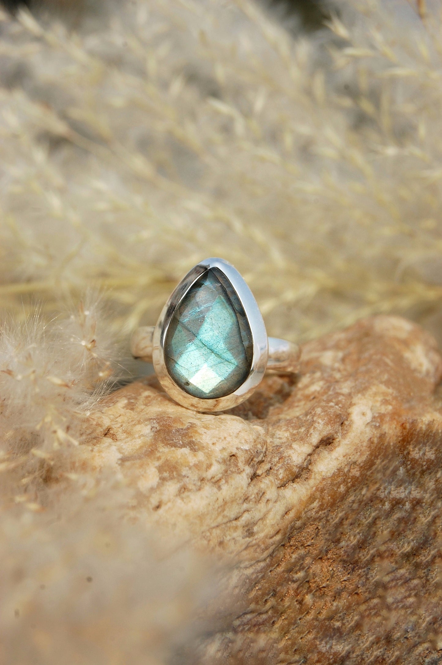 Gray Labradorite Pear Cut Ring