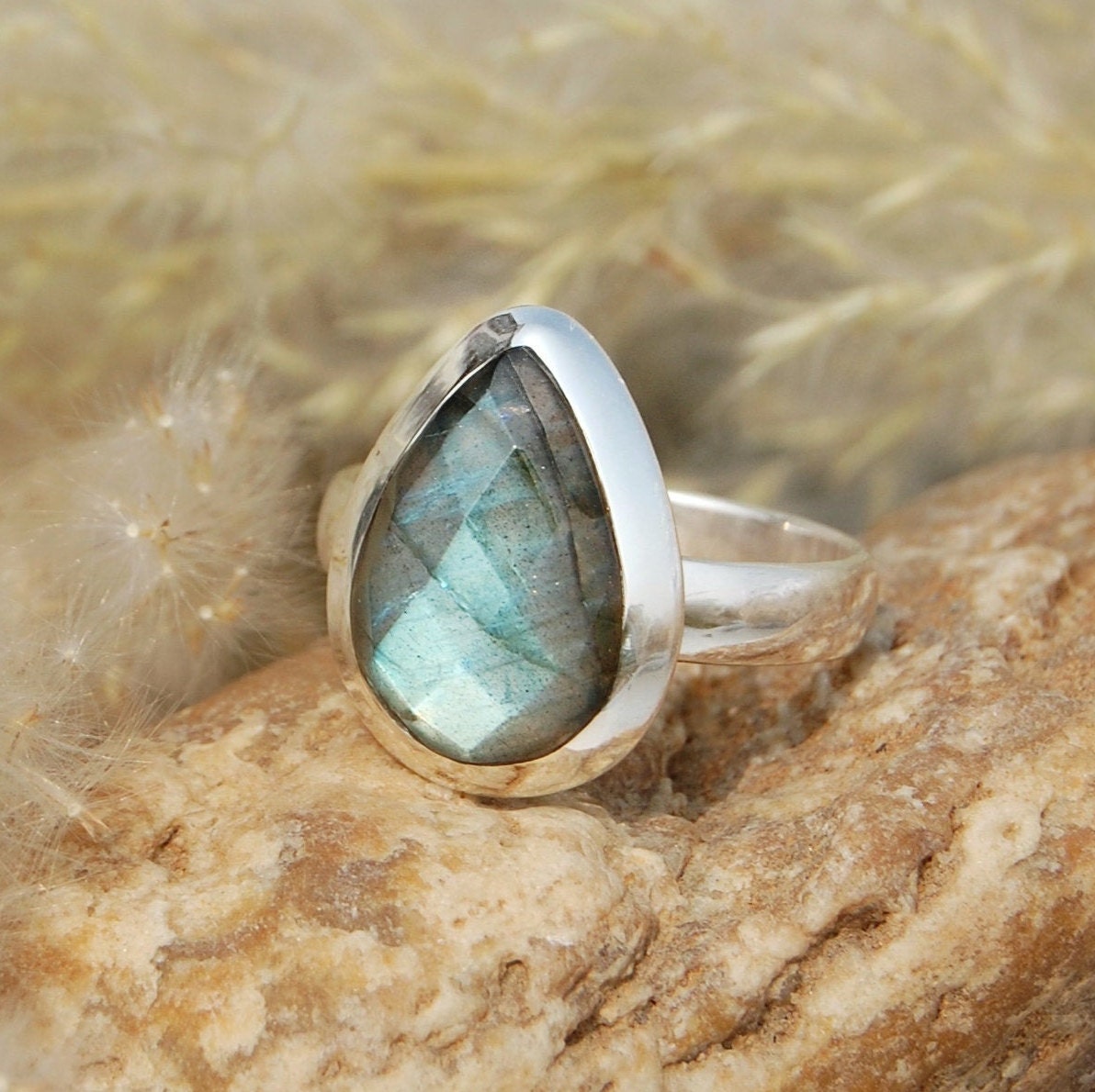 Gray Labradorite Pear Cut Ring