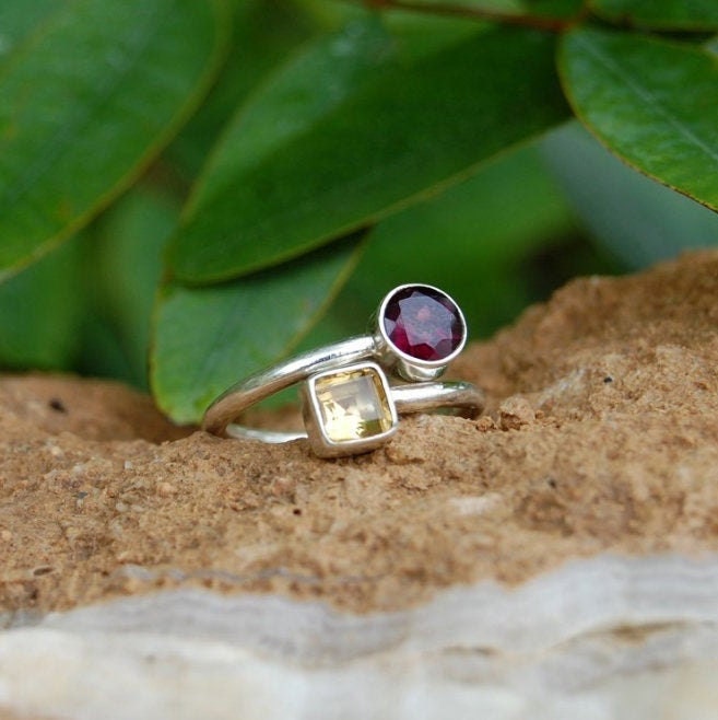 Garnet -Yellow Citrine Coil Ring