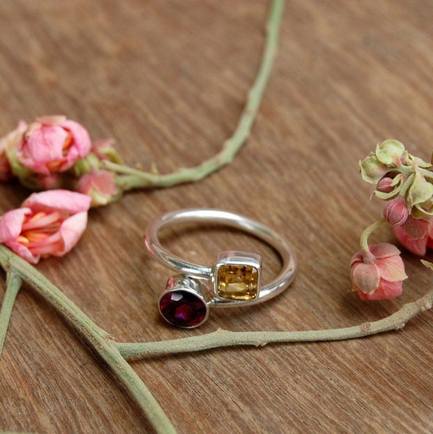 Garnet -Yellow Citrine Coil Ring
