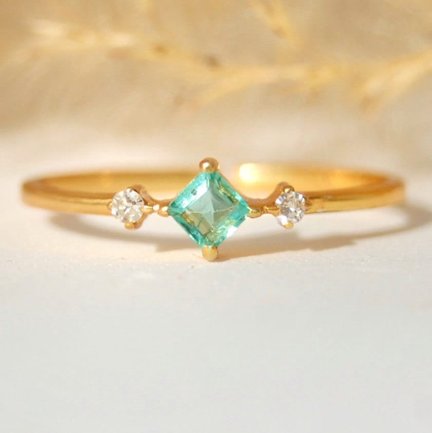 Diamond- Emerald Dainty Gold Plated Ring