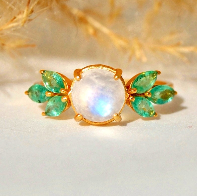 Emerald -Moonstone 18k Gold Plated Ring