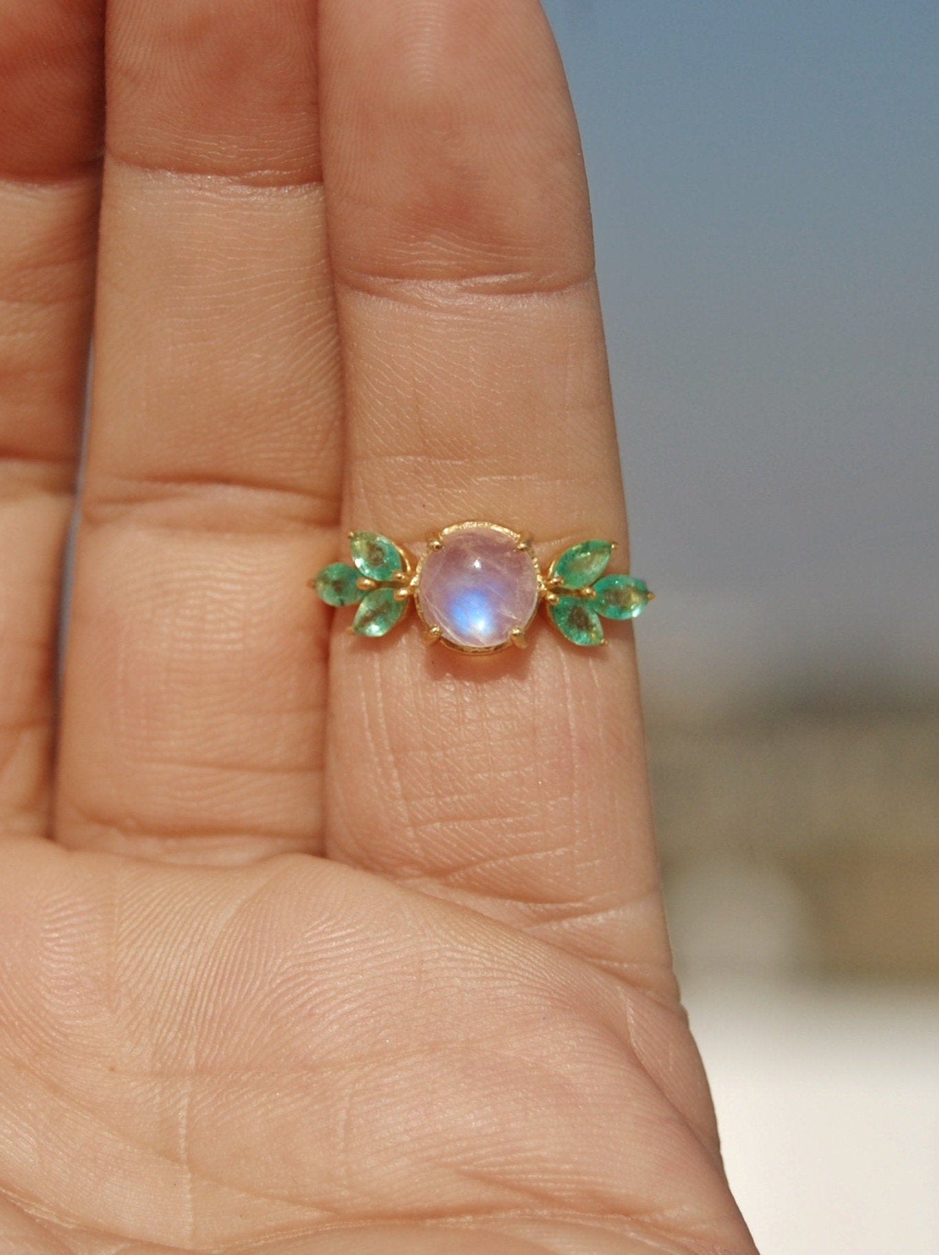 Emerald -Moonstone 18k Gold Plated Ring