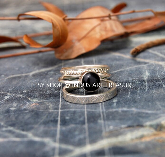 Black Onyx Stacking Silver Ring Set