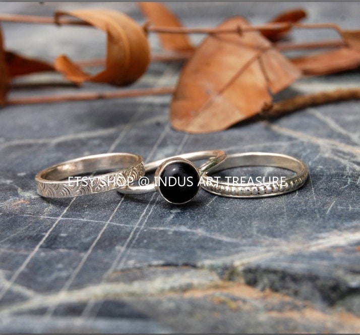 Black Onyx Stacking Silver Ring Set