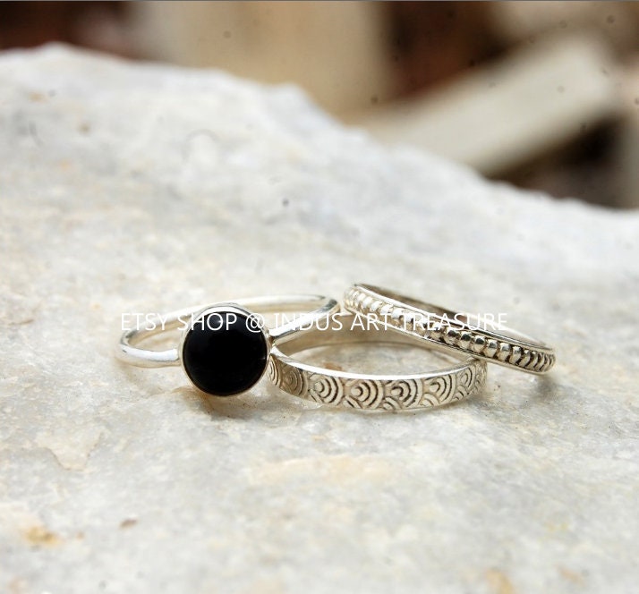 Black Onyx Stacking Silver Ring Set