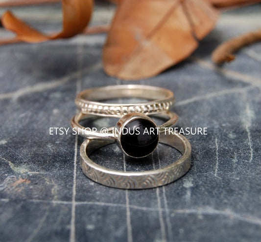 Black Onyx Stacking Silver Ring Set
