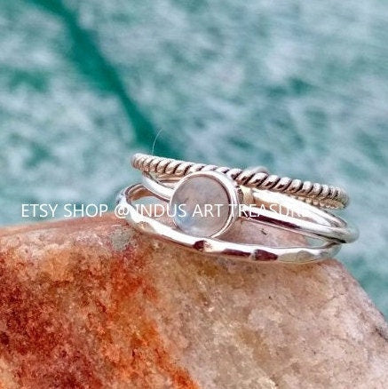 Rainbow Moonstone Stacking Ring Set