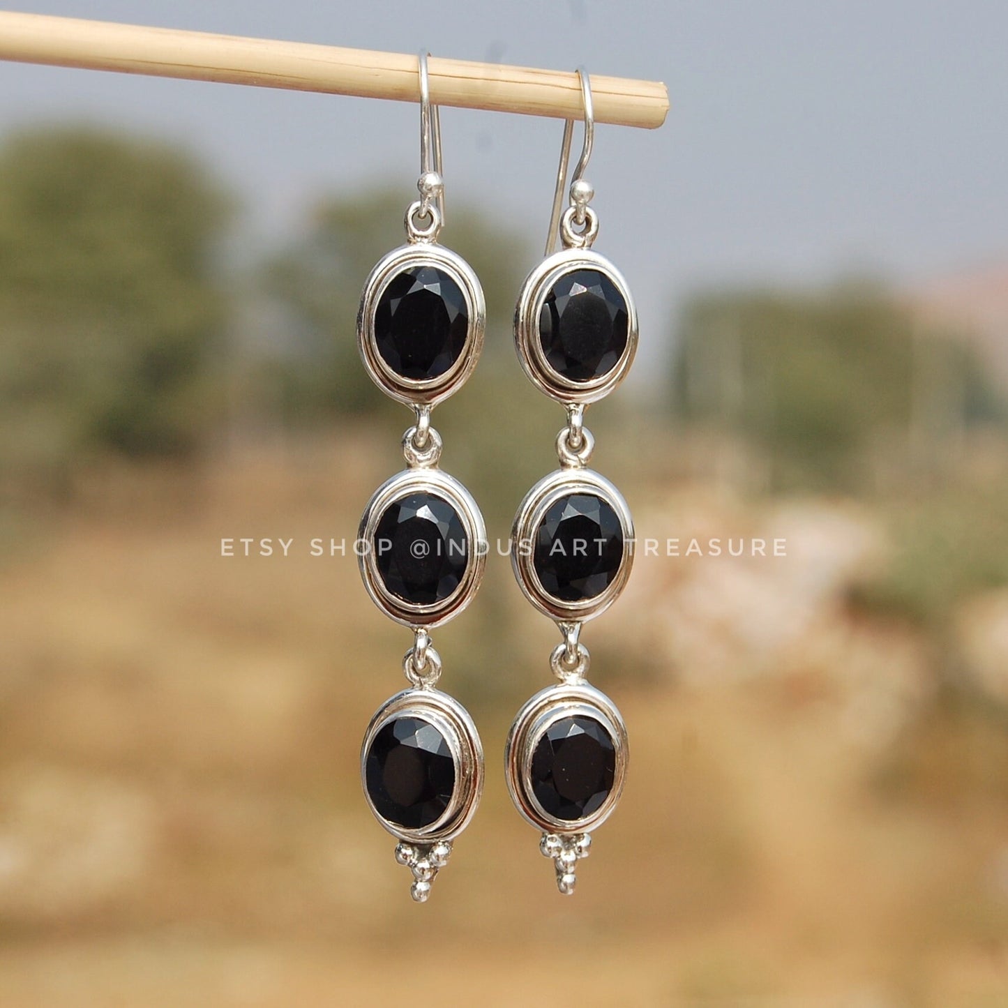 Black Onyx Long Dangle Earrings