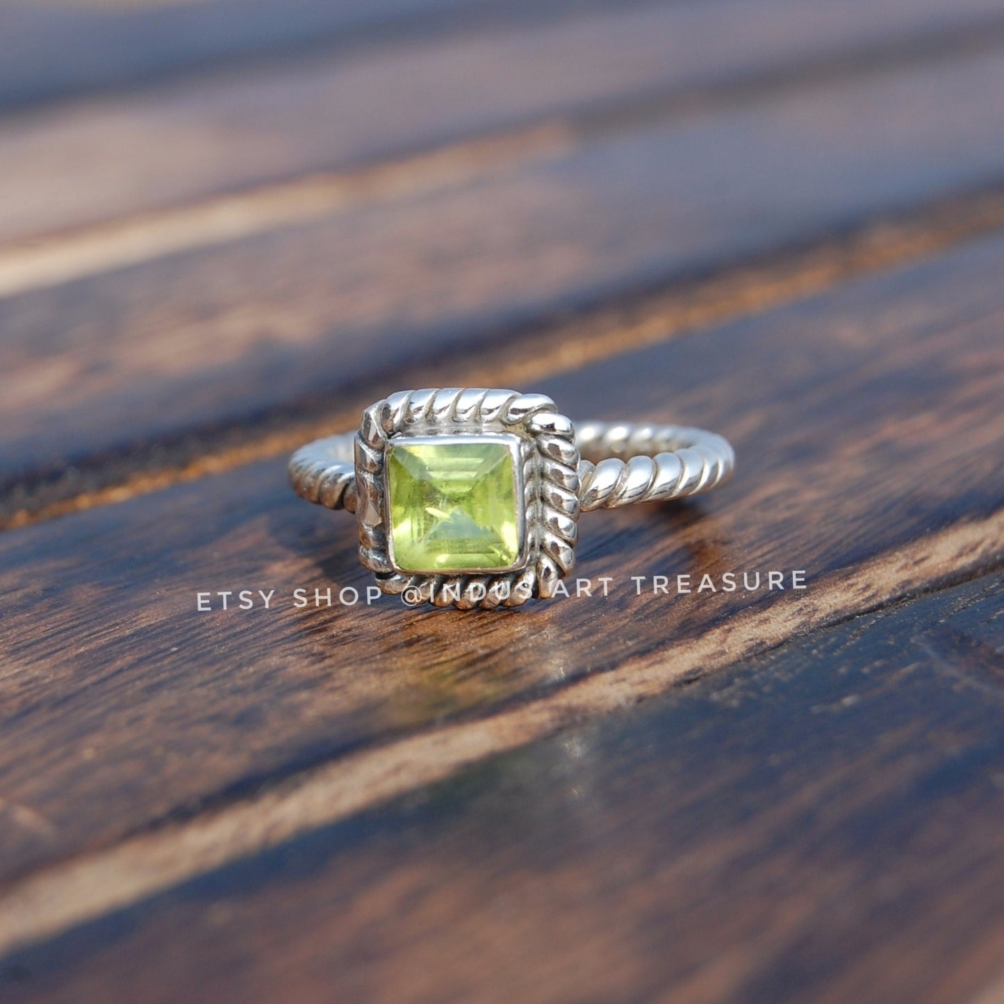 Green Peridot Twisted Band Ring